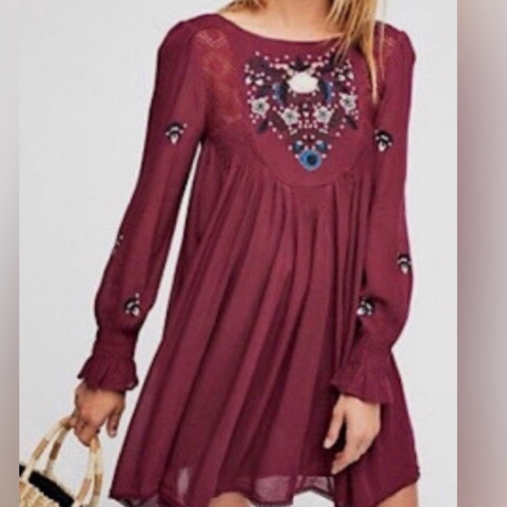 FREE PEOPLE Mohave Embroidered Daytime Mini Dress Size XS Burgundy Babydoll